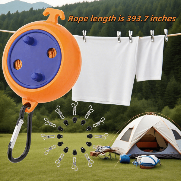 Cuerda para tender ropa de 10 metros de largo, adecuada para secado y almacenamiento portátil, ideal para viajes, camping y otros escenarios, conveniente para secar ropa y resolver las necesidades de secado al aire libre. (Cuerda para tender ropa sola / Cuerda para tender ropa + 20 pinzas de ropa + 10 fijaciones)