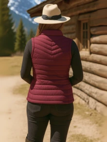 Chaleco acolchado ligero para mujer, con cierre frontal, cuello alto y bolsillos laterales, estilo outdoor casual, cardigan de ajuste - Granate - Ver 3