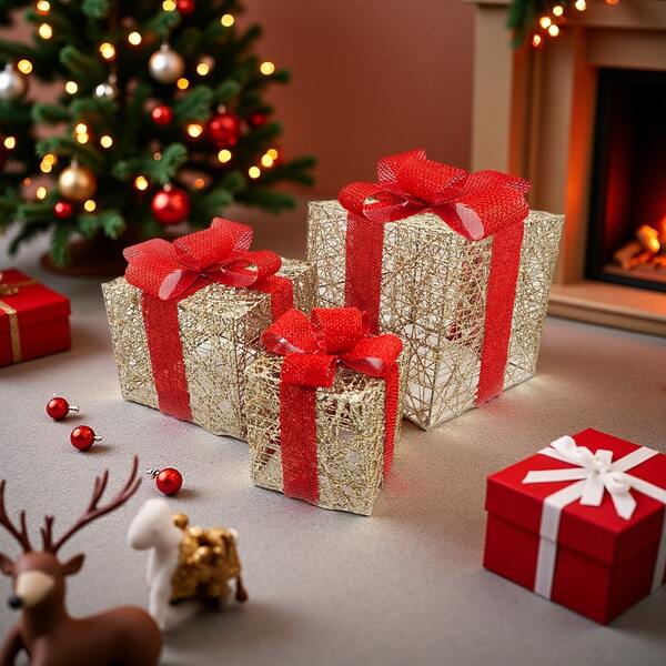 3 caixas de presente de Natal com iluminação LED de malha, vários modos de iluminação, caixas de presente de Natal iluminadas para árvore de Natal e decoração de casa, caixas de presente com laço azul, presente ideal para a noite de Natal, Feliz Natal (sem bateria embutida)