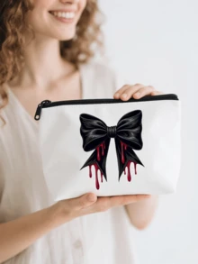 Halloween White Bag For Travel Storage | Makeup Bag & Electronics Organizer With Zipper Closure, Skull Bow Tie Floral Print Pouch For Travel Essentials, Jewelry, Toiletries | Halloween Gift Idea