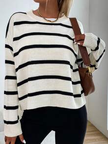 Suéter de rayas de manga larga suelto para mujer, suéter de punto a rayas, moda versátil, contraste de rayas blancas y negras, estilo otoño e invierno, ropa casual de moda de alta gama - Blanco - Ver 3