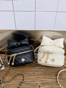 حقيبة صغيرة للبنات مزينة بفيونكة وسلسلة معينية، مصنوعة من مادة البولي يوريثان (بي يو) ، حقيبة كتف عبر الجسم جميلة، مناسبة للاستخدام اليومي في جميع المواسم