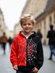 年轻男孩时尚简约休闲户外流行礼物可爱柔软蜘蛛网拼接拼色印花连帽长袖夹克，秋季 - 彩色 - 查看 4