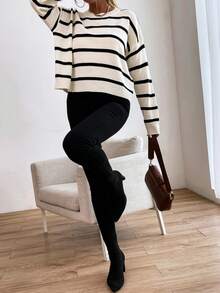 Suéter de rayas de manga larga suelto para mujer, suéter de punto a rayas, moda versátil, contraste de rayas blancas y negras, estilo otoño e invierno, ropa casual de moda de alta gama - Blanco - Ver 4