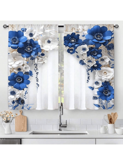 2 piezas Cortinas elegantes con diseño floral azul - Diseño de flores, cortinas de poliéster que filtran la luz para dormitorio, sala de estar, cocina, oficina - Tratamiento de ventana versátil y elegante (barra no incluida), cortinas para sala de estar, buena transmitancia de luz, impresión plana 2D