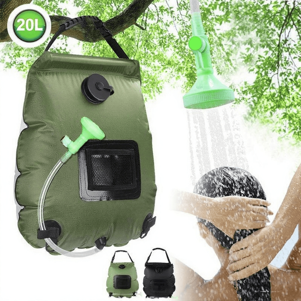 Bolsa de ducha militar verde para acampar, calentada por energía solar - Almacenamiento de agua portátil para acampar, senderismo y uso de artículos de tocador