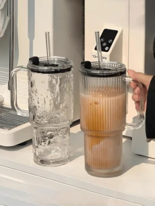 1 Set Striped Glass Cup With Straw And Lid, Portable Minimalist Style Water Bottle, Vertical Striped Glass Cup, Reusable High-Quality Coffee/Juice Cup, Multifunctional Beverage Container, Suitable For Home, Office, Beach, Various Party Occasions, Applicable For Coffee, Tea, Whiskey, Milk, Iced Americano And Latte, Etc. - Multicolor - View 1