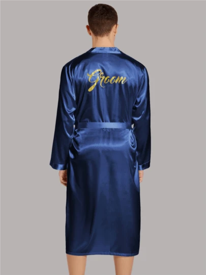 Accappatoio lungo da uomo, blu navy, per matrimonio, sposo, con scritta dorata, kimono, abbigliamento da casa