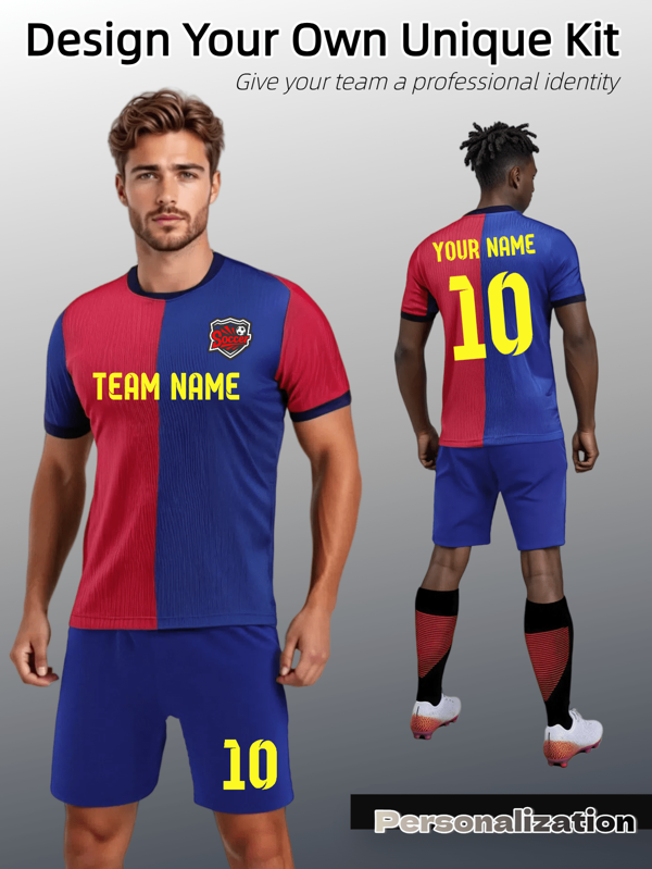 2pcs Bold Split-Color Soccer Jersey Set – Barcelona Red & Blue Barcelona Symmetrical Design, High-Visibility For Competitive Play, Durable Quick-Dry Fabric With Professional Structure