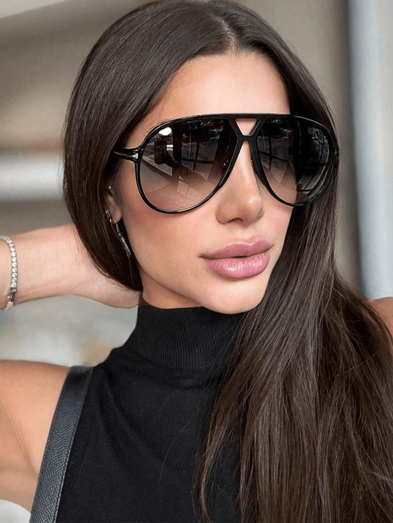 1pc Fashion Double Bridge Oversized Frame Retro Fashion Glasses, Versatile For Women Aviator Shape Shades - Black - View 1