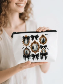 Halloween White Bag For Travel Storage | Makeup Bag & Electronics Organizer With Zipper Closure, Skull Bow Tie Floral Print Pouch For Travel Essentials, Jewelry, Toiletries | Halloween Gift Idea