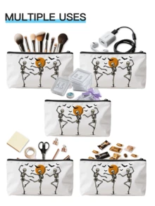 Halloween White Bag For Travel Storage | Makeup Bag & Electronics Organizer With Zipper Closure, Skull Bow Tie Floral Print Pouch For Travel Essentials, Jewelry, Toiletries | Halloween Gift Idea