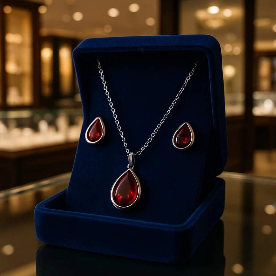 Delicate Women's Colorful Zirconia Drop Necklace + Earring Kit - Bạc đỏ - Xem 1