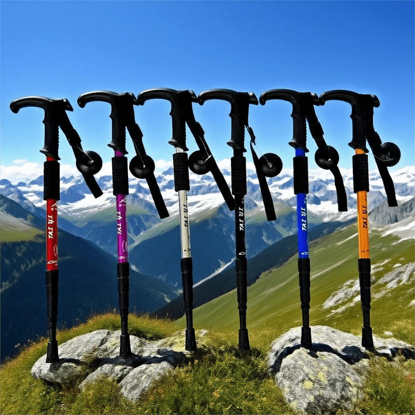 1支高强度可调节铝合金登山杖，四节伸缩设计，适用于户外徒步、登山和自卫，男女通用专业户外装备 - 彩色 - 查看 1