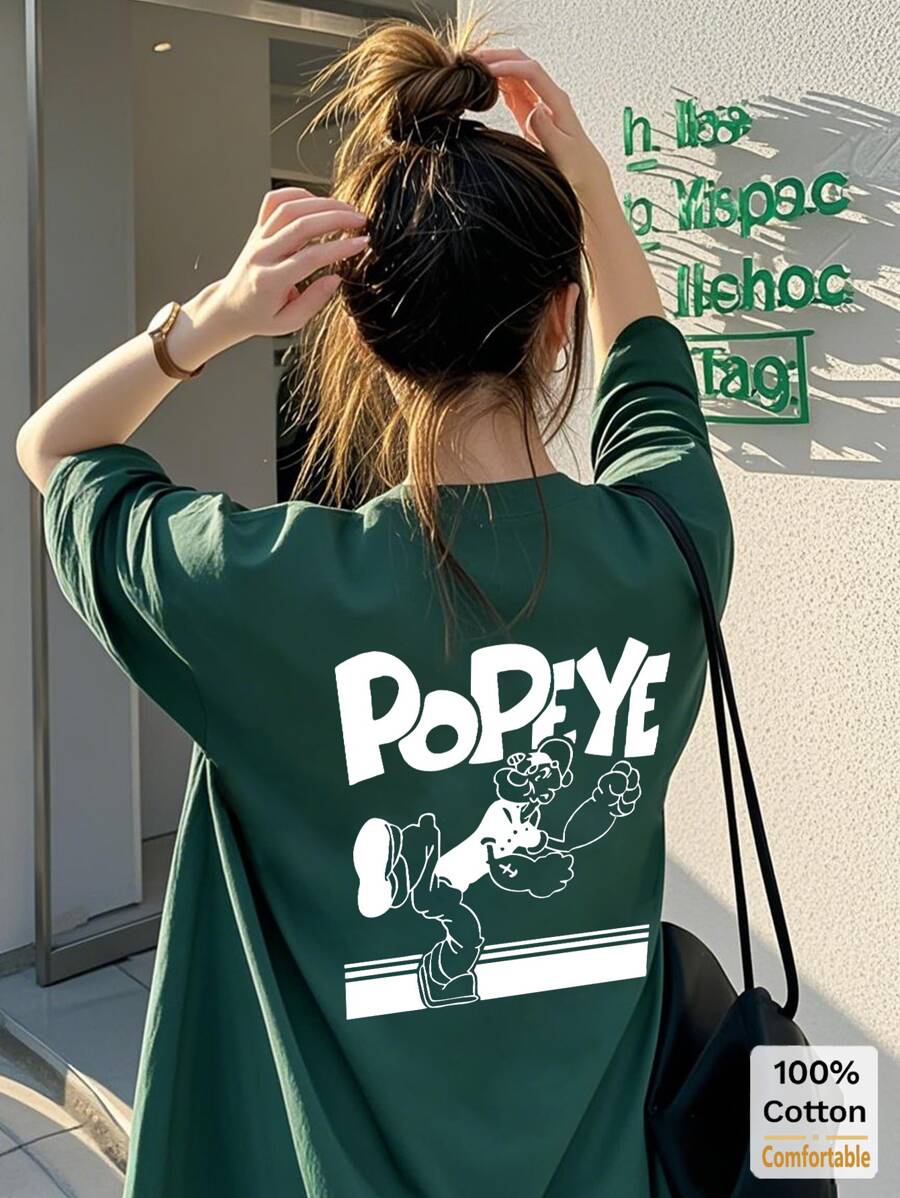 橄榄绿色卡通印花短袖中长款T恤，女式上衣，时尚印花T恤#3333 - 墨綠色 - 查看 1