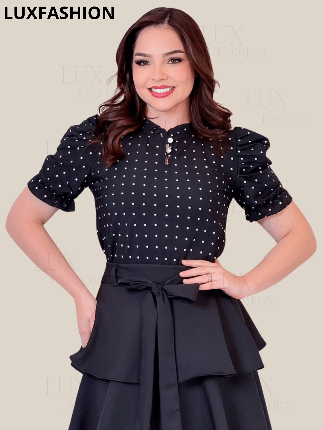 Women's Social Blouse Evangelical Fashion Printed Polka Dot Short Sleeve Princess Elegant - 黑色 - 查看 1