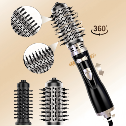360° 자동 회전, 2개의 교체 가능한 브러시 헤드가 포함된 회전식 열풍 브러시, 컬링 브러시, 스트레이트닝 브러시, 원터치 볼륨 부스팅 헤어드라이어 및 스타일링 도구. 세라믹 코팅으로 부드럽고 윤기 나는 모발, 모든 헤어 타입에 적합. 생동감 있고 패셔너블한 컬과