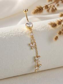 1pc Sexy Glamorous Chain Long Butterfly Cubic Zirconia Navel Ring, Women's Intimate Pierced Belly Button Jewelry - Butterfly - View 2