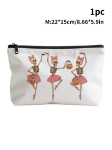 Halloween White Bag For Travel Storage | Makeup Bag & Electronics Organizer With Zipper Closure, Skull Bow Tie Floral Print Pouch For Travel Essentials, Jewelry, Toiletries | Halloween Gift Idea