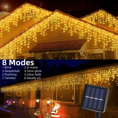 2 piezas/1 pieza Luces de cortina de ventana de carámbano solar, 500 cm 96 LED Luces de carámbano solar - 8 modos Luces de hadas de plástico colgantes para exteriores Halloween Navidad Santa Decoración, IP44 resistente al agua, batería de Ni-MH de 600 mAh, adecuado para jardín, patio, exhibición festiva, excelente para decoración de aleros exteriores, fiesta de jardín, Halloween, Acción de Gracias y Navidad, ocasión navideña, tema espacial, decoración navideña