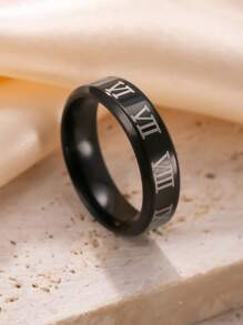 1pc Men's Fashion Punk Style Minimalist Black Stainless Steel Roman Numeral Ring, Suitable For Daily Wear, Parties And Valentine's Day Gift
