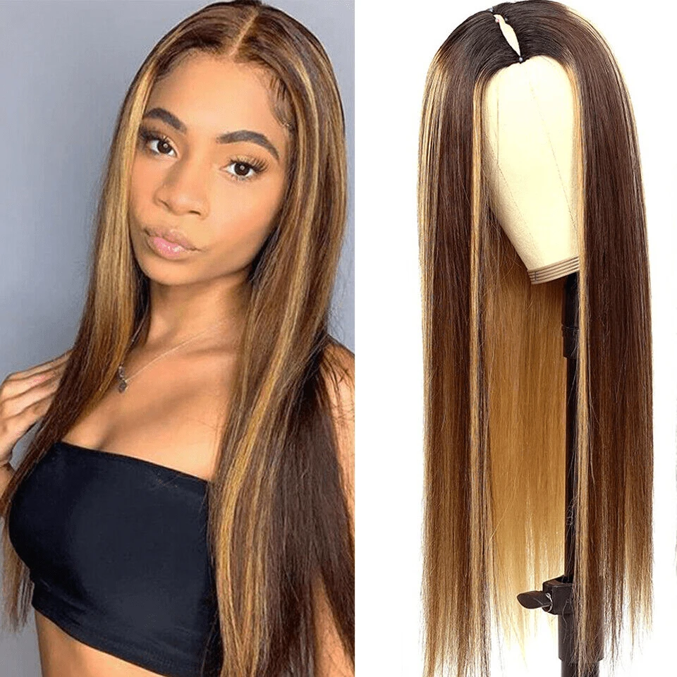 34inch Highlight Bone Straight V Part Wig Human Hair No Leave Out Wig Glueless Wigs Human Hair 200 Density V Shaped Wigs Human Hair No Sew In NO Glue Beginner Friendly 4/27