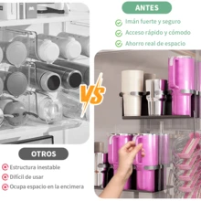 Soporte Magnético para Vasos y Botellas, Organizador para Refrigerador, Disponible en 1 Pieza o Juego de 3, con Porta Botellas y Porta Tapas, Organizador para Vasos 40 Oz y Accesorios, Capacidad para 6 Botellas - Negro - Ver 6