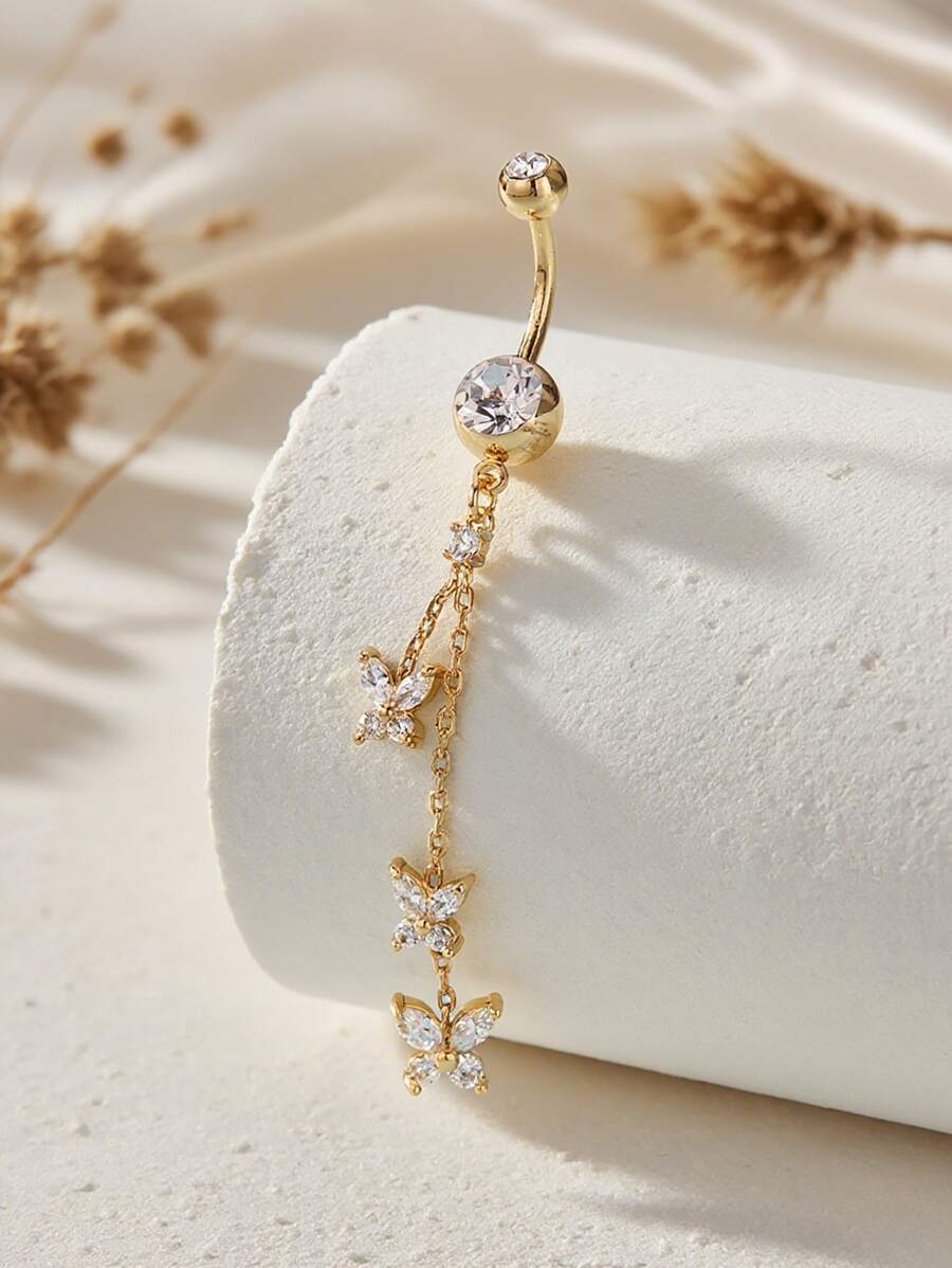 1pc Sexy Glamorous Chain Long Butterfly Cubic Zirconia Navel Ring, Women's Intimate Pierced Belly Button Jewelry - Butterfly - View 1