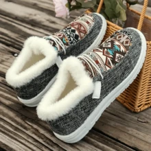 Zapatos deportivos de mujer con forro térmico de lona, zapatos planos con estampado cálido de invierno, zapatos cálidos para caminar al aire libre - Gris - Ver 2