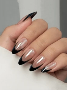 240 miếng/10 bộ sơn móng tay dạng gel - Móng giả hình hạnh nhân cỡ trung bình, móng dán bóng đã được phủ sẵn lớp sơn bóng và sơn màu, thiết kế kiểu Pháp thanh lịch, thích hợp cho việc tự làm móng mùa hè. Phụ kiện làm móng nghệ thuật kiểu Pháp màu đen. - Nhiều màu - Xem 2
