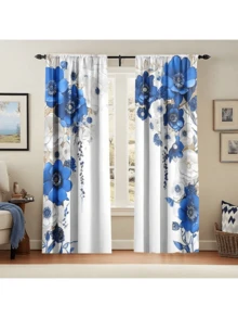 2 Stücke elegante blaue Blumen Vorhänge - 3D Blumen Design, lichtfilternde Polyester Vorhänge für Schlafzimmer, Wohnzimmer, Küche, Büro - vielseitig & stilvolle Fensterverkleidung (Vorhangstange nicht enthalten), Vorhänge für Wohnzimmer - Verschiedenfarbig - Übersicht 4