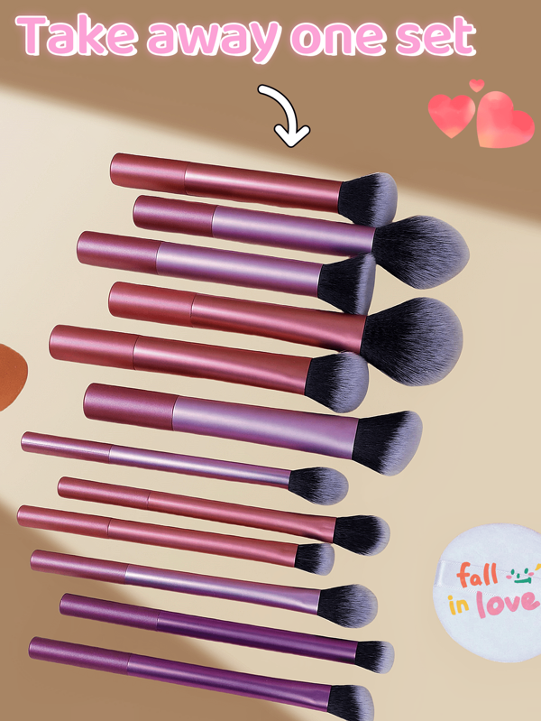12pcsMulti-Functional Makeup Brush Set, Including Powder Brush, Blush Brush, Foundation Brush, Eyeshadow Brush, Mix Brush, Contour Brush, As Well As Angled Makeup Sponge, Round Makeup Sponge And White Powder Puff
