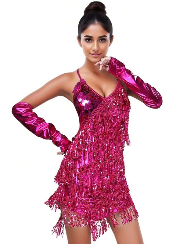 Shiny Sexy Women Sequin Fringe Dress Summer Raves Festivals Outfit V-Neck Backless Lace-Up Mini Party Dress