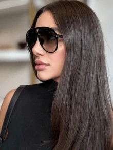 1pc Fashion Double Bridge Oversized Frame Retro Fashion Glasses, Versatile For Women Aviator Shape Shades - Black - View 2