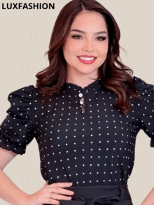 Women's Social Blouse Evangelical Fashion Printed Polka Dot Short Sleeve Princess Elegant - 黑色 - 查看 6
