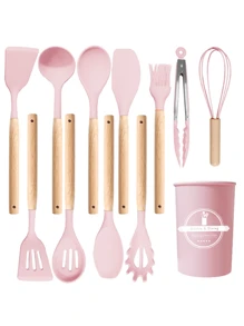 1 set de 12 pièces d'ustensiles de cuisine en silicone avec manches en bois, spatules et louches antiadhésives. Set d'ustensiles de cuisine avec support