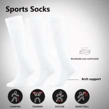 3 Pairs Breathable Solid Color Long Athletic Compression Socks - White - View 3