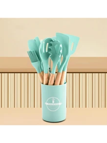 1 set de 12 pièces d'ustensiles de cuisine en silicone avec manches en bois, spatules et louches antiadhésives. Set d'ustensiles de cuisine avec support