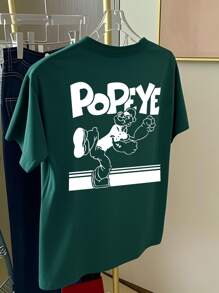 橄榄绿色卡通印花短袖中长款T恤，女式上衣，时尚印花T恤#3333 - 墨綠色 - 查看 2