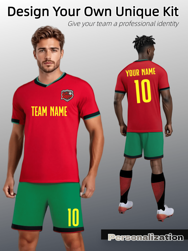 2pcs Classic Color-Blocked Soccer Kit – Portugal Red & Green Portugal V-Neck Jersey With Contrast Trim, Breathable Moisture-Wicking Fabric For Matches & Training, Timeless Design For Teams Seeking Professional Simplicity