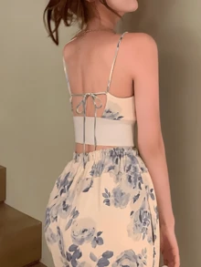 Conjunto de dos piezas de top de tirantes corto con estampado y pantalones anchos de cintura alta sin tirantes, estilo bohemio para mujer, con bolsillos, fruncido, ajuste regular, multicolor, apto para uso casual diario en primavera/verano - Azul - Ver 2