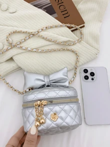 حقيبة صغيرة للبنات مزينة بفيونكة وسلسلة معينية، مصنوعة من مادة البولي يوريثان (بي يو) ، حقيبة كتف عبر الجسم جميلة، مناسبة للاستخدام اليومي في جميع المواسم