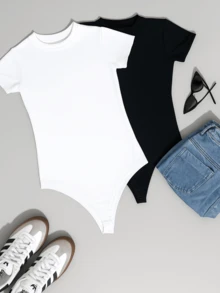 Kit 2 Women's Bodysuits, Short Sleeve | Comfortable Suplex | Casual Summer Fashion - 白色/黑色 - 查看 1