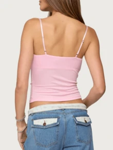 Women Cowl Neck Cami Tank Tops Layered Bra Spaghetti Strap Cutout Ruched Front Slim Fit Beaded Camisole Crop Tops Summer Sexy Backless Sleeveless Vests Shirts Party Club Going Out Tops Streetwear - 粉色 - 查看 2