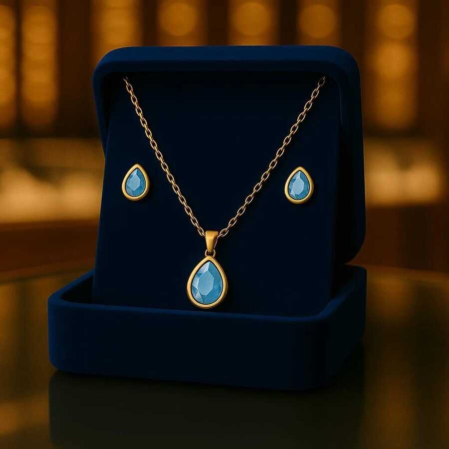 Delicate Women's Colorful Zirconia Drop Necklace + Earring Kit - 金水綠 - 查看 1