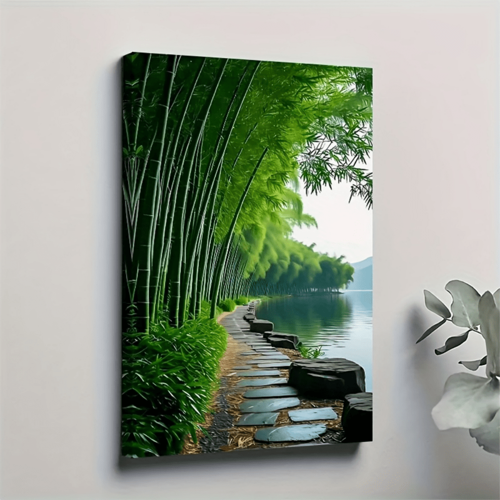 1pc Traditional Style Canvas Wall Art -  Bamboo-Lined Waterfront Landscape Painting With Solid Wood Frame,Ready-To-Hang Living Room Decor For Tranquil Home Ambiance, 2D Flat, Perfect For Room Decor