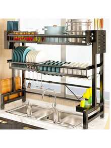 Organizador expandible para fregadero de cocina, Rejilla multifuncional para secar platos, Estante para almacenar tazones y platos en la encimera - negro - Ver 2
