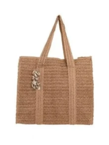 Bolsa Sacola Grande de Palha com Búzios | Bolsa de Viagem Feminina para Praia e Verão Tote Bag Artesanal Estilo Boho Chic - Caqui - Visão 3