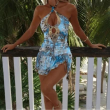 Sizzling Backless Halter Dress: V-Neck, Sleeveless & Sequined Stitching - Xanh nhạt - Xem 3