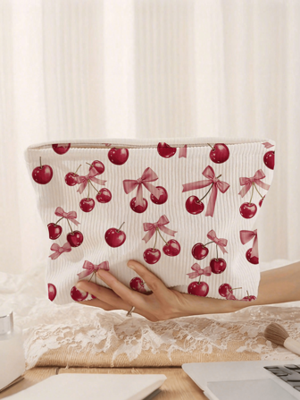 Bolsa de maquillaje de lazo de cereza ligera - Bolsa de maquillaje de pana con estampado de lazo de cereza de moda, bolsa de cosméticos con cremallera para viajes y artículos de tocador, bolsa de lavado multiusos, sin olor, unisex, no impermeable, organizador de maquillaje, estuche de maquillaje mini, caja de cosméticos de viaje, soporte para brochas de maquillaje, adecuado para ir y venir, la escuela y las compras, conveniente para uso al aire libre, regalo para amigos y novias